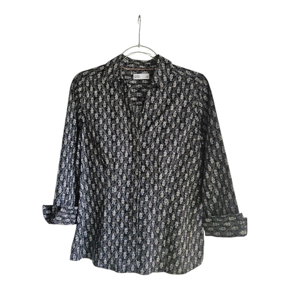 Croft & Barrow Womens SM Button-Up Blouse Black White Floral Collar/Split Neck